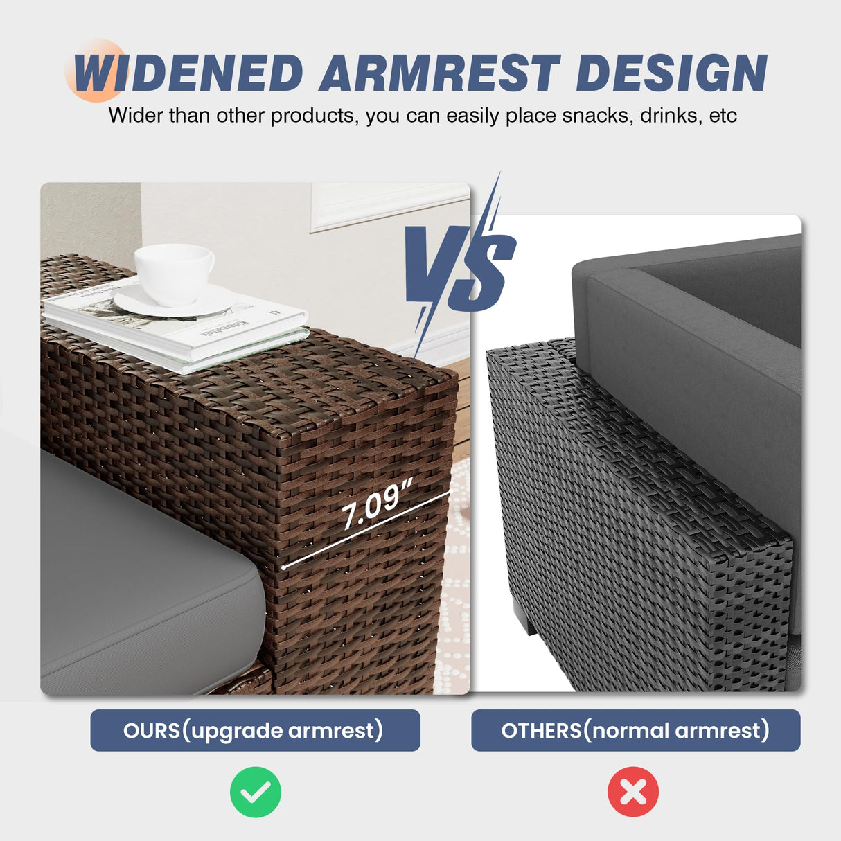 Amopatio 8 Inch Armrest Outdoor Sectional, 6 Piece Patio Furniture Set Sectional Sofa with Coffee Table for Garden Backyard, 4'' Thickened Cushion Amopatio