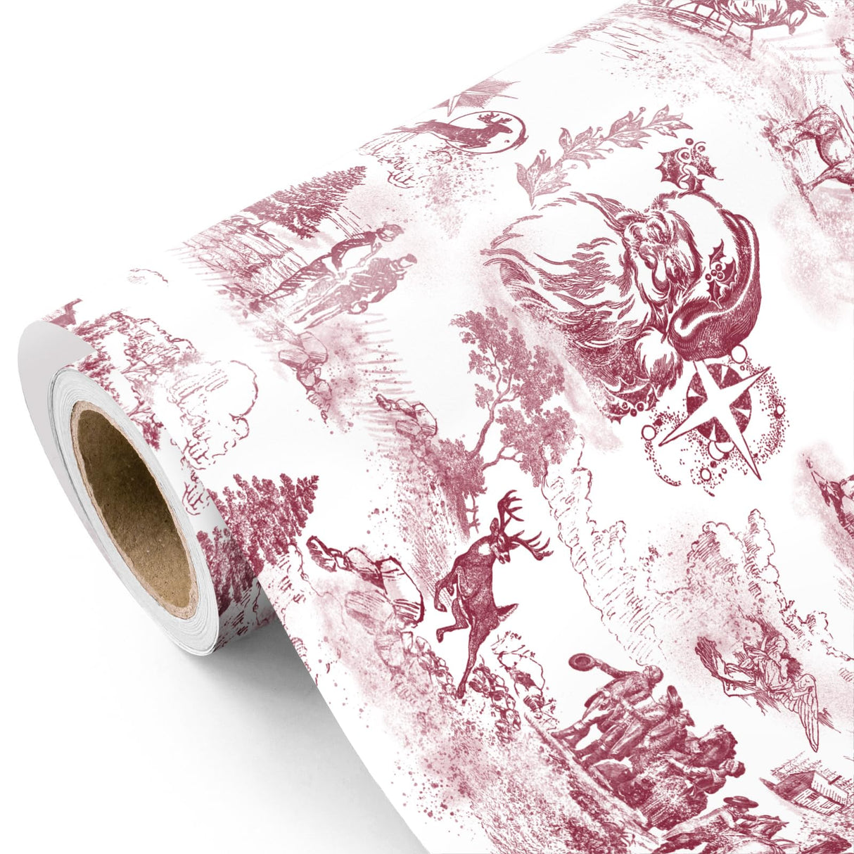 WRAPAHOLIC Toile Vintage Christmas Wrapping Paper - Mini Roll - 17 Inch x 16.5 Feet - Santa Toile de Jouy Red Christmas Wrapping Paper for Xmas Holiday, Party Celebration WRAPAHOLIC