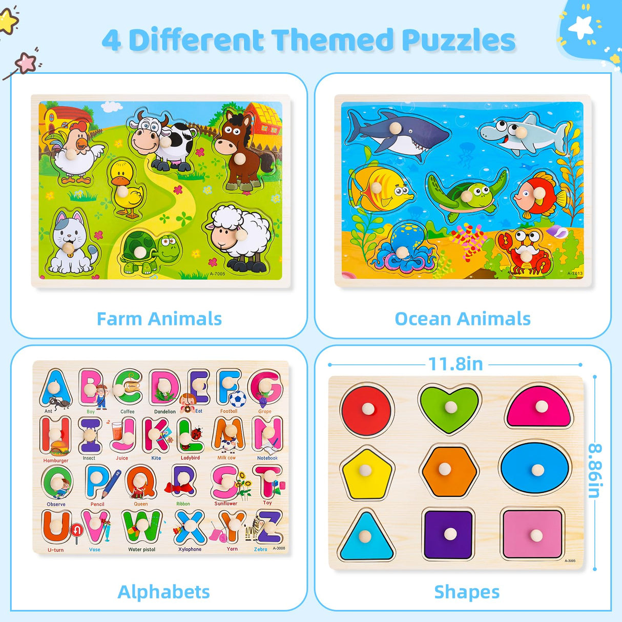 Wooden Peg Puzzles for Toddlers 2 3 4 Year Old, 4 Pack Montessori Toys Preschool Learning Puzzles for Toddlers 1-3 with Animals, Shapes, Alphabet, Wooden Toddler Toys Gifts for Kids Boys Girls Peacurh