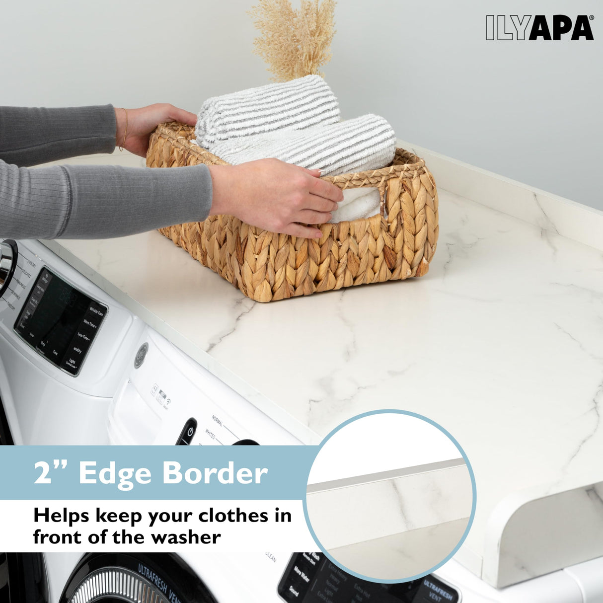 Ilyapa Washer Dryer Countertop - 27.5 x 54 inch Laundry Countertop, Washer and Dryer Covers for The Top, Laundry Room Organization and Storage, Carrera Marble High Pressure Laminate with Backsplash Ilyapa