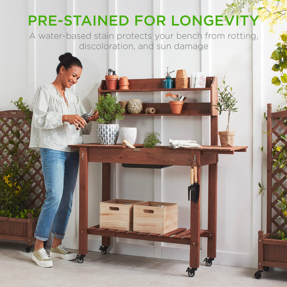 Best Choice Products Mobile Garden Potting Bench, Outdoor Wood Workstation Table w/Sliding Tabletop, 4 Locking Wheels, Food Grade Dry Sink, Storage Shelves - Brown Best Choice Products