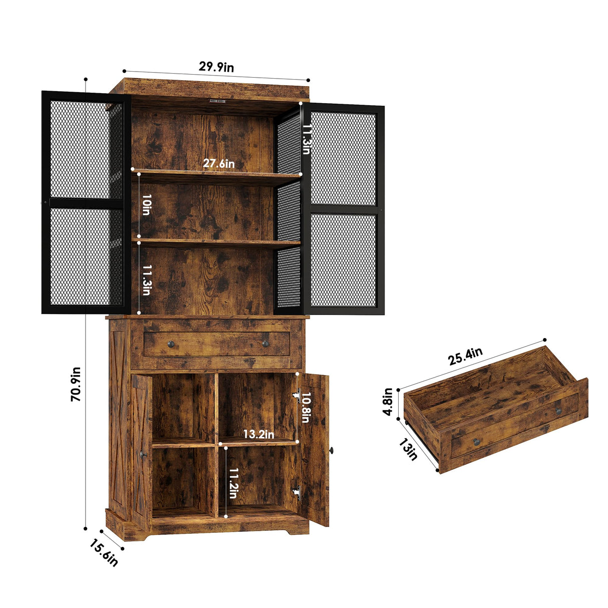 BOTLOG 71” Pantry Cabinet, Kitchen Pantry Storage Cabinet with Adjustable Shelf, Drawer and Barn Door, Tall Storage Cabinet, Bar Cabinet with Visual BOTLOG