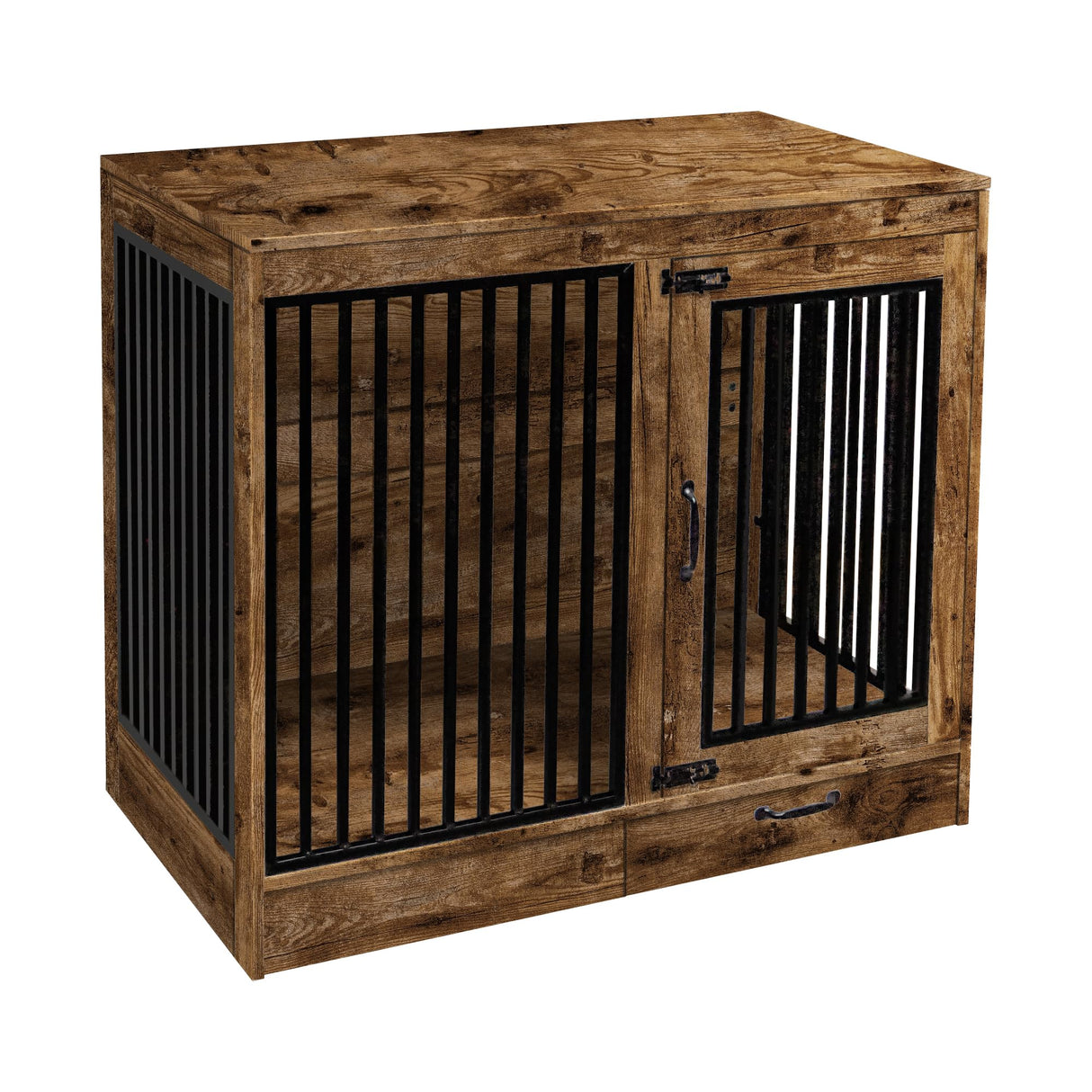 yookare Rustic Brown Heavy Duty Furniture Dog Crate, Wood and Metal Kennel Cage, Pet House End Table with Drawer and Pull-Out Design, Dog Home for Indoor use, Large Size yookare