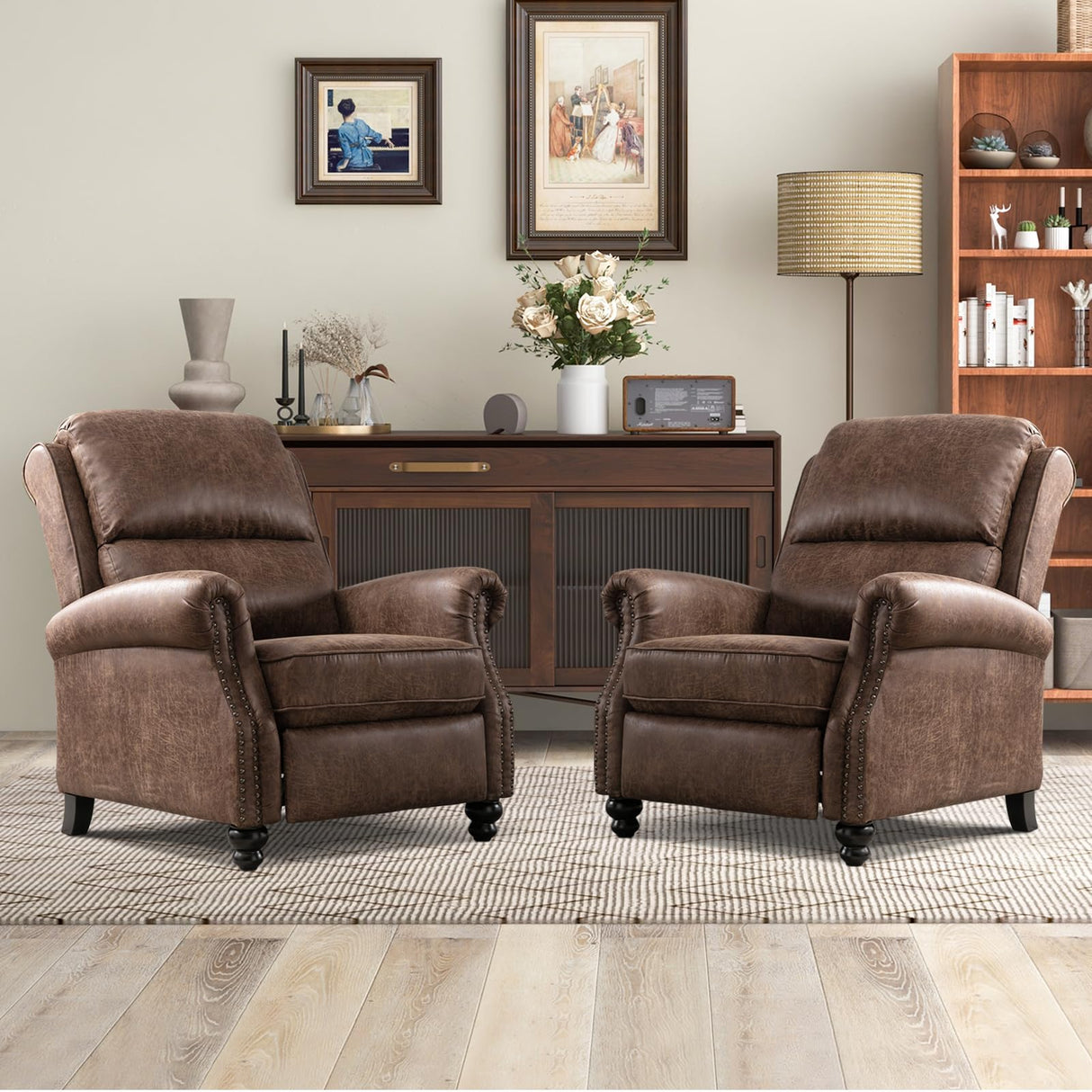 CANMOV Pushback Recliner Chair Set of 2, Faux Leather Armchair Push Back Recliner with Rivet Decoration Single Sofa Accent Chair for Living Room, Chocolate CANMOV