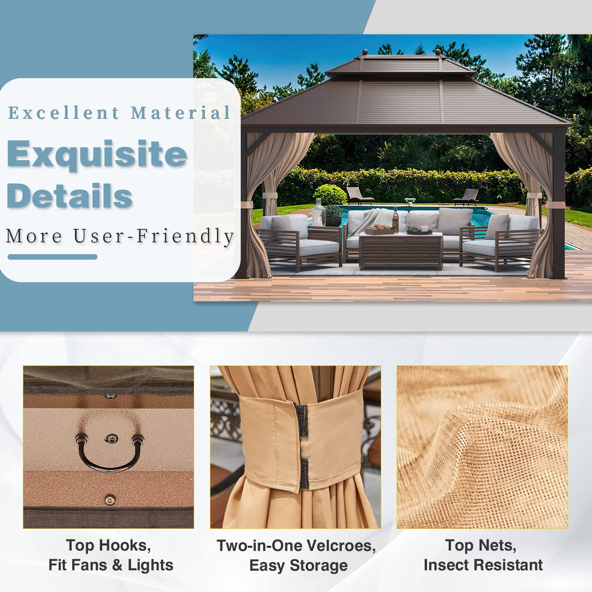 MELLCOM 10' x 13' Hardtop Gazebo, Galvanized Steel Metal Double Roof Aluminum Gazebo with Curtains and Netting, Brown Permanent Pavilion Gazebo with Aluminum Frame for Patio, Lawn & Garden MELLCOM