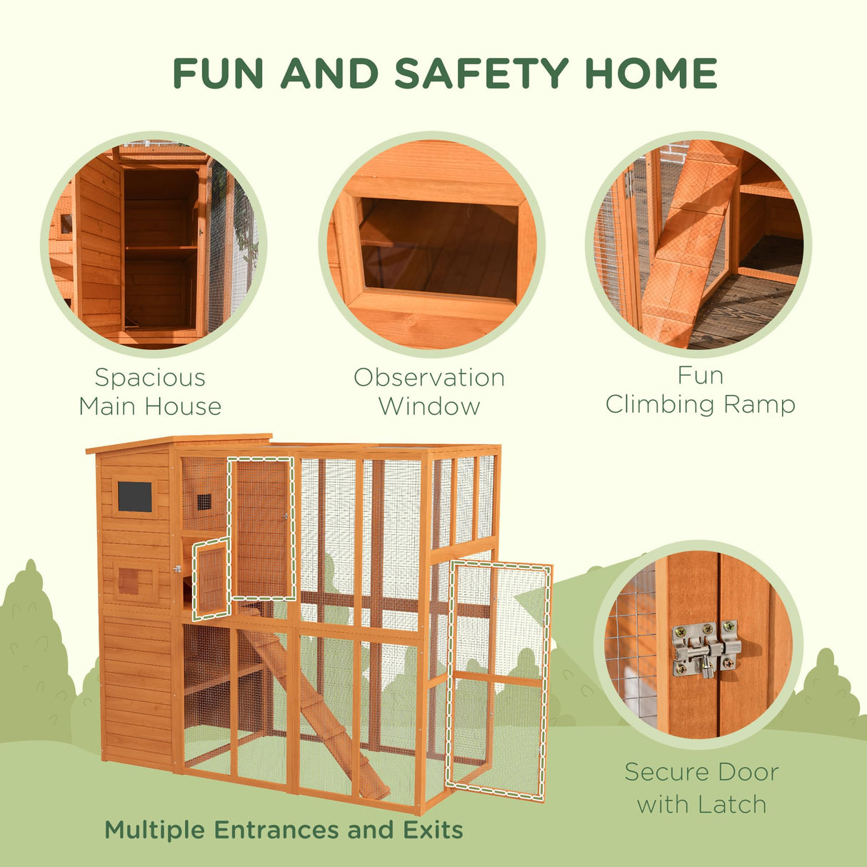 PawHut Large Cat House Outdoor Catio Wooden Feral Cat Shelter, Kitten Enclosure with Door, Cat Condo and Weather Protection Asphalt Roof, 77" L, Natural PawHut