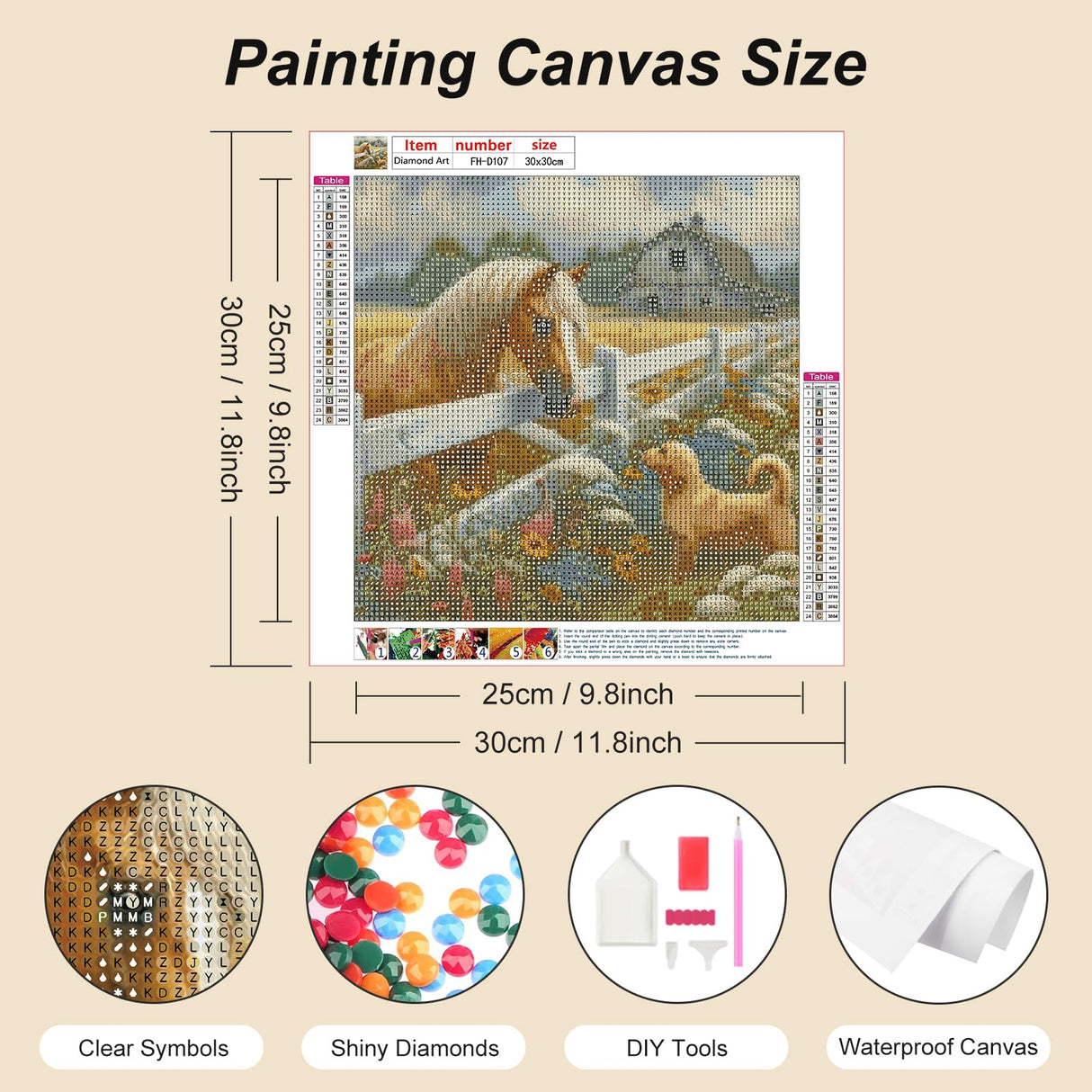 FHBUBPUP Diamond Painting Kits for Adults, Farm Animal Diamond Painting Art for Beginner, DIY Horse & Dog Diamond Art Kit, Gem Bead Painting Art Craft for Fall Home Decoration 12×12Inch FHBUBPUP