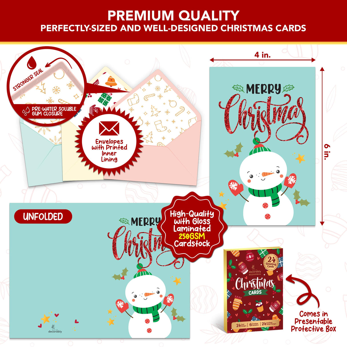 Decorably 24 Pack Foiled & Glittery 6x4in Box of Christmas Cards with Envelopes and Stickers, 24 Festive Designs Boxed Christmas Cards with Envelopes with Printed Message Inside Decorably