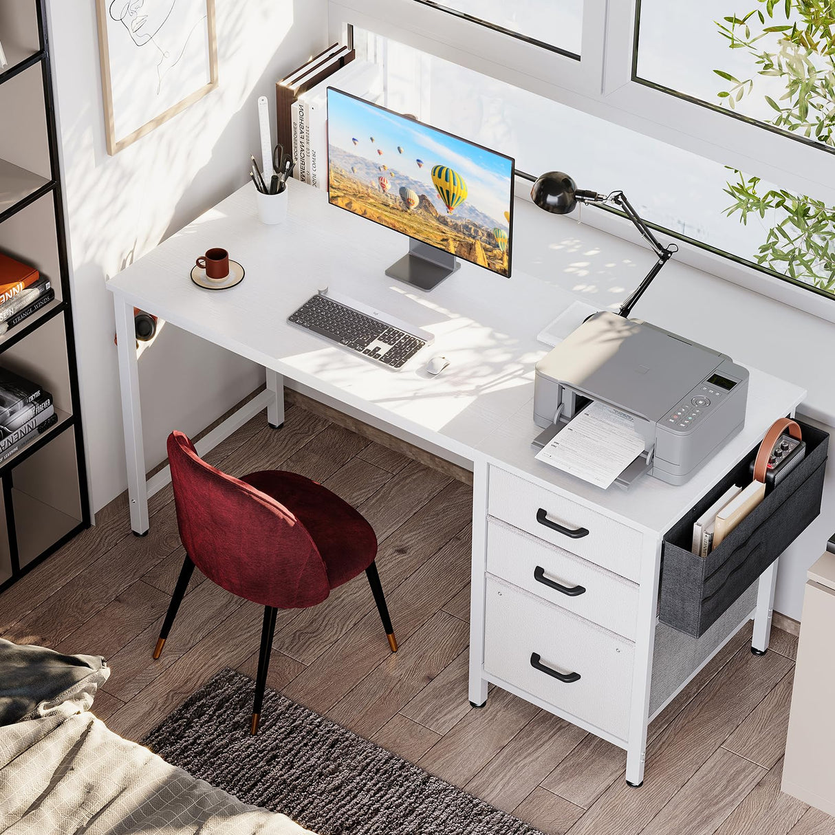 Casaottima 48-Inch Small Computer Desk with Fabric Drawers & File Cabinet, Home Office Desk with Cloth Storage Bag and Hook, Writing Study Work Table for Small Space, Vanity Desk for Bedroom, White Casaottima