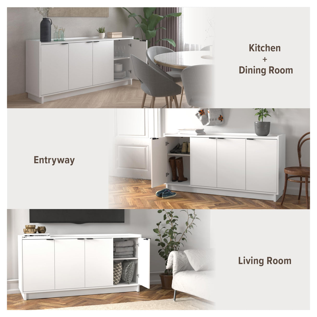 Prepac Simply Modern 4-Door Console Table with Versatile Storage in White Prepac