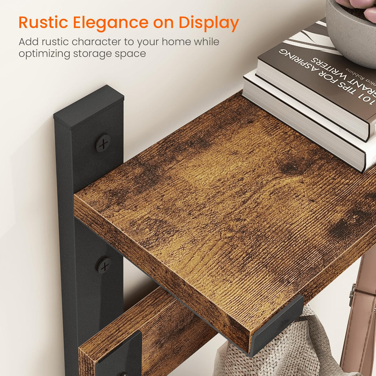 Homode Coat Rack Wall Mount, 29 Inch Long Shelf with Hooks, Wood Entryway Shelf with 5 Hangers for Hanging Hat Jacket Backpack Purse, Rustic Brown Black Homode