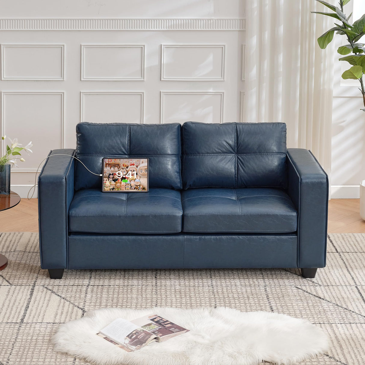 TYBOATLE 65" Blue Faux Leather Loveseat for Bedroom, Mid-Century Modern Tufted Comfy Loveseat w/USB Charging Ports and Wide Arms, 2 Seat Office Small Couch for Small Space TYBOATLE