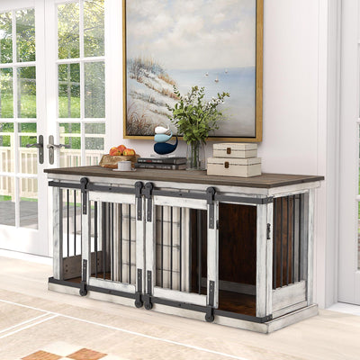 Erinnyees Large Dog Crate Furniture, 62.5'' Solid Wood Furniture Style Dog Crate with Removable Divider, Bite Resistant Dog Kennel Indoor, Dog Cage with Double Sliding Barn Door Design, White