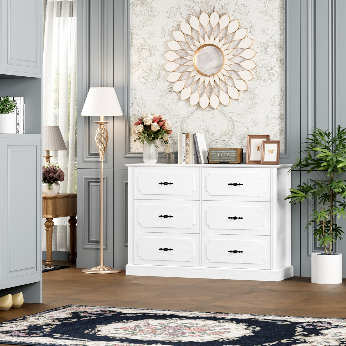 finetones White Dresser 6 Drawer, 47.2'' White Dresser Chest of Drawers, Farmhouse Wide Dresser White Chest of Drawers with Designed Drawer Surfaces, 6 Drawer Dresser Storage Organizer finetones