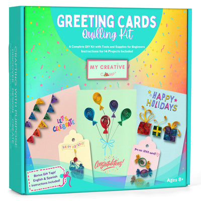 MY CREATIVE CAMP® Beginner's Greeting Cards Quilling Kit, DIY Greeting Card Making Kits for Kids & Adults, Paper Quilling Kit for Beginners, Quilling Card Kit & Gift Tag, 14 Projects with Instructions