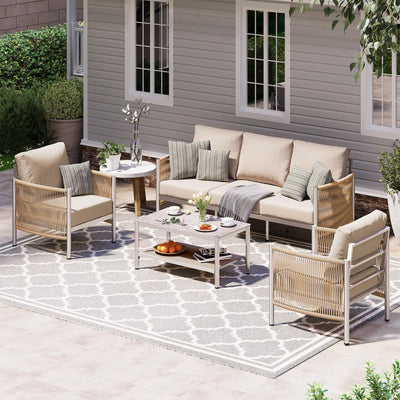 Oasbira Aluminum Outdoor Patio Furniture Set, HDPE Rope 5 Piece Modern Sectional Conversation Sets with Dual-Layer Coffee Table, All Weather Patio Couch Set with Thick Cushions, Silver Frame, Beige