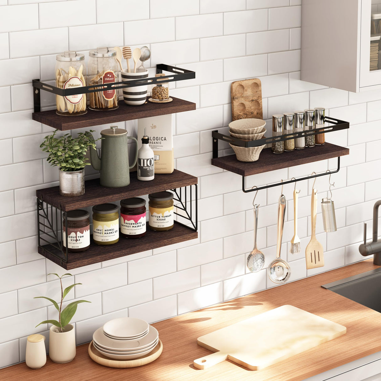 Fixwal 3+1 Tier Wall Mounted Bathroom Shelves Over Toilet, Rustic Wood Floating Shelves with Metal Frame and Towel Bar for Bathroom, Kitchen, Bedroom, Living Room (Dark Brown) Fixwal