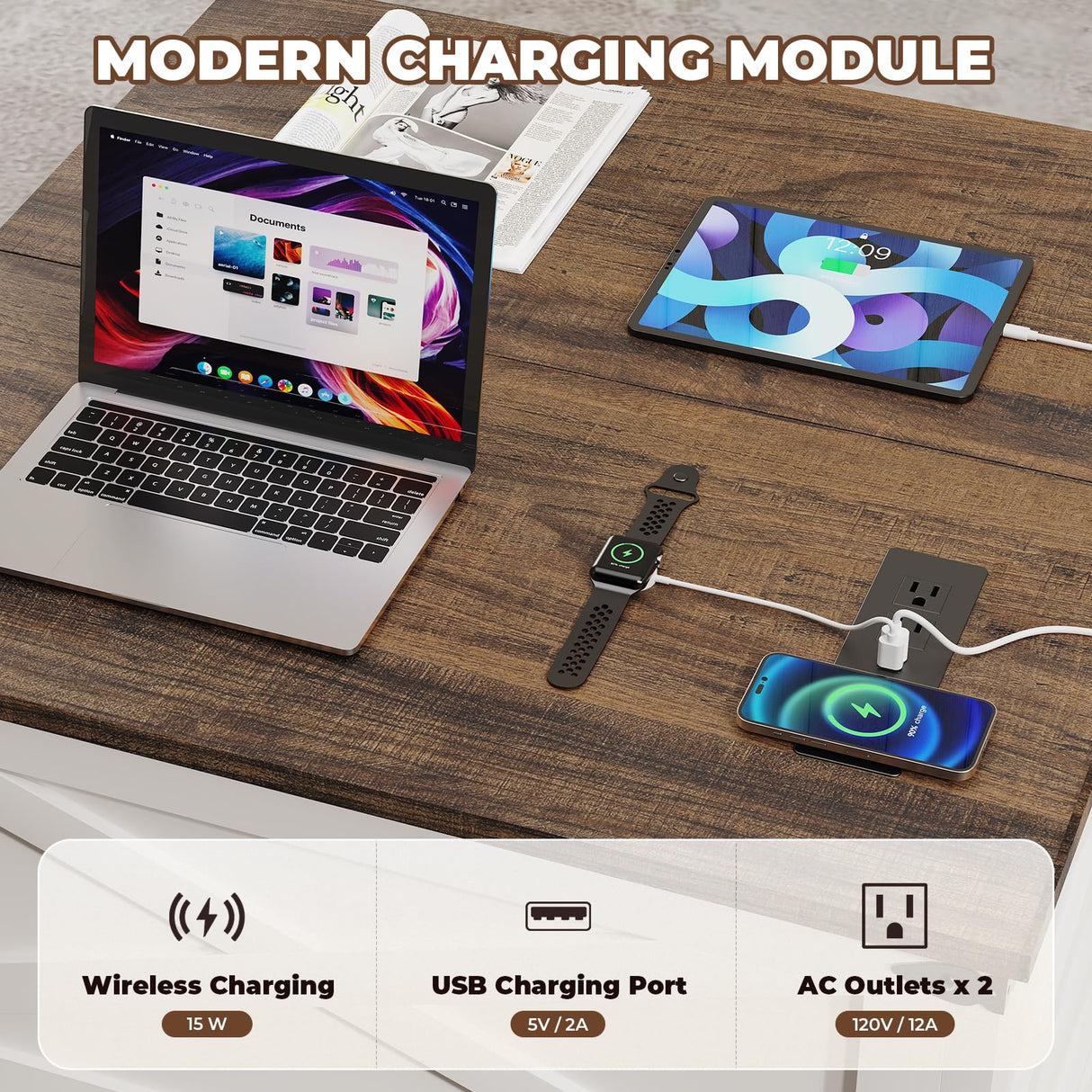 BROTTAR Lift Top Coffee Table with Storage, Square Coffee Table for Living Room with Wireless Charging, Farmhouse Coffee Table with Large Hidden Storage, White, 31.5" BROTTAR