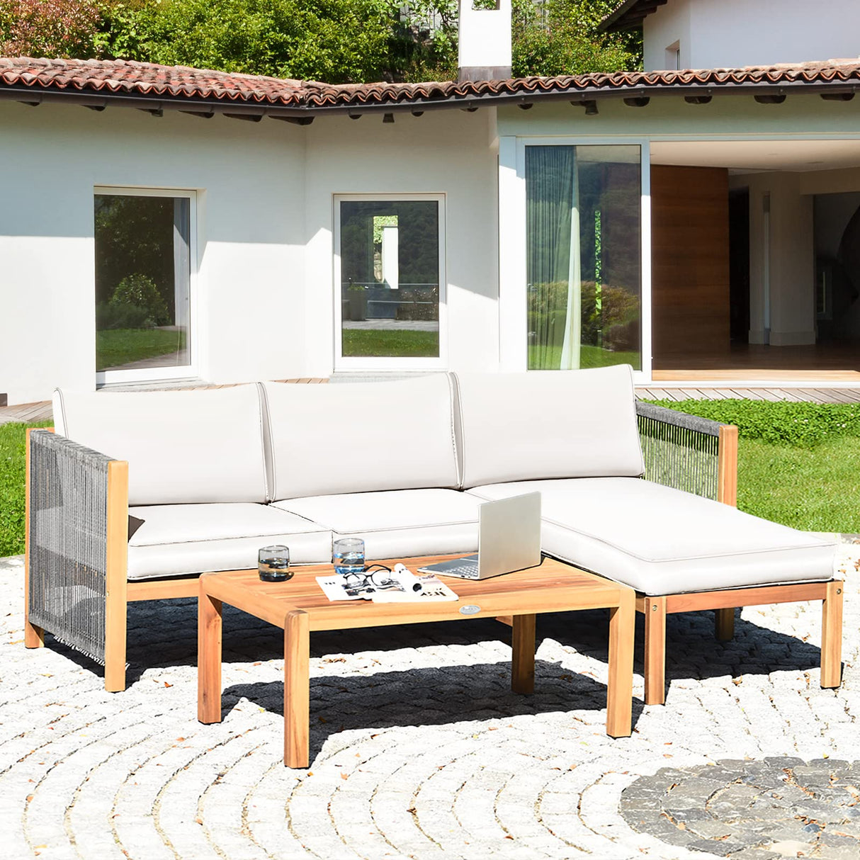 Tangkula L Shape Outdoor Furniture Set, 3 Piece Acacia Wood Patio Conversation Set, with 2 loveseats and Coffee Table, Garden Backyard Poolside Patio Seating Set (White) Tangkula