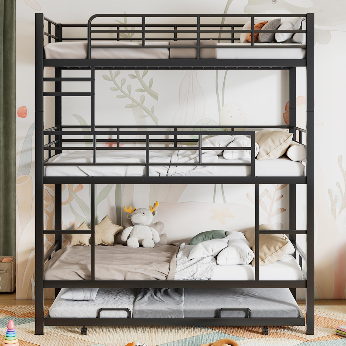 Heavy Duty Triple Bunk Bed Twin Over Twin Over Twin, 3 Bunk Bed with Trundle, Kids Bunk Bed with 2 Ladders and Guardrails, Triple Bunk Beds for Kids, Black Triple Bunk Bed Twin Size Bellemave