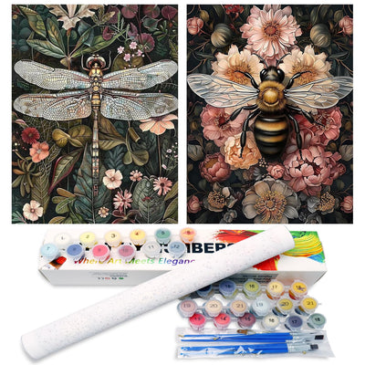 2 Pack Paint by Numbers Kit for Adults, Dragonfly Bee Paint by Numbers for Adults, DIY Adult Painting by Numbers Beginners on Canvas Acrylic for Home Wall Art Decor 12x16Inch (Rolled Package)