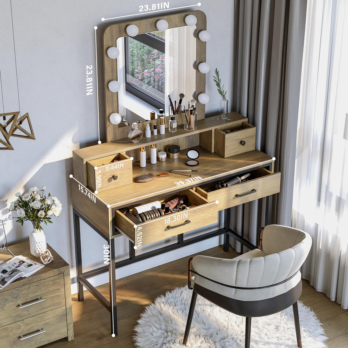 FansaFurn Vanity Desk with Mirror and Lights, Makeup Vanity Desk with 3 Color Dimmable Lighted Hollywood Mirror, Brown Makeup Table with 4 Drawers, Large Dressing Table for Women Girls FansaFurn