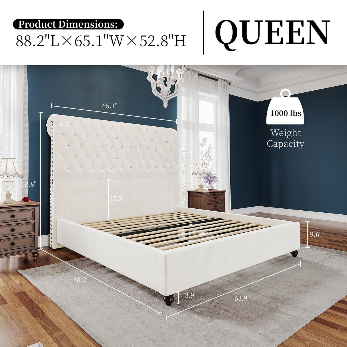 PaPaJet Bed Frame Queen Size Upholstered Platform Bed with 52.8'' Tall Sleigh Headboard, Button Tufted, No Box Spring Needed, Easy Assembly, Cream PaPaJet