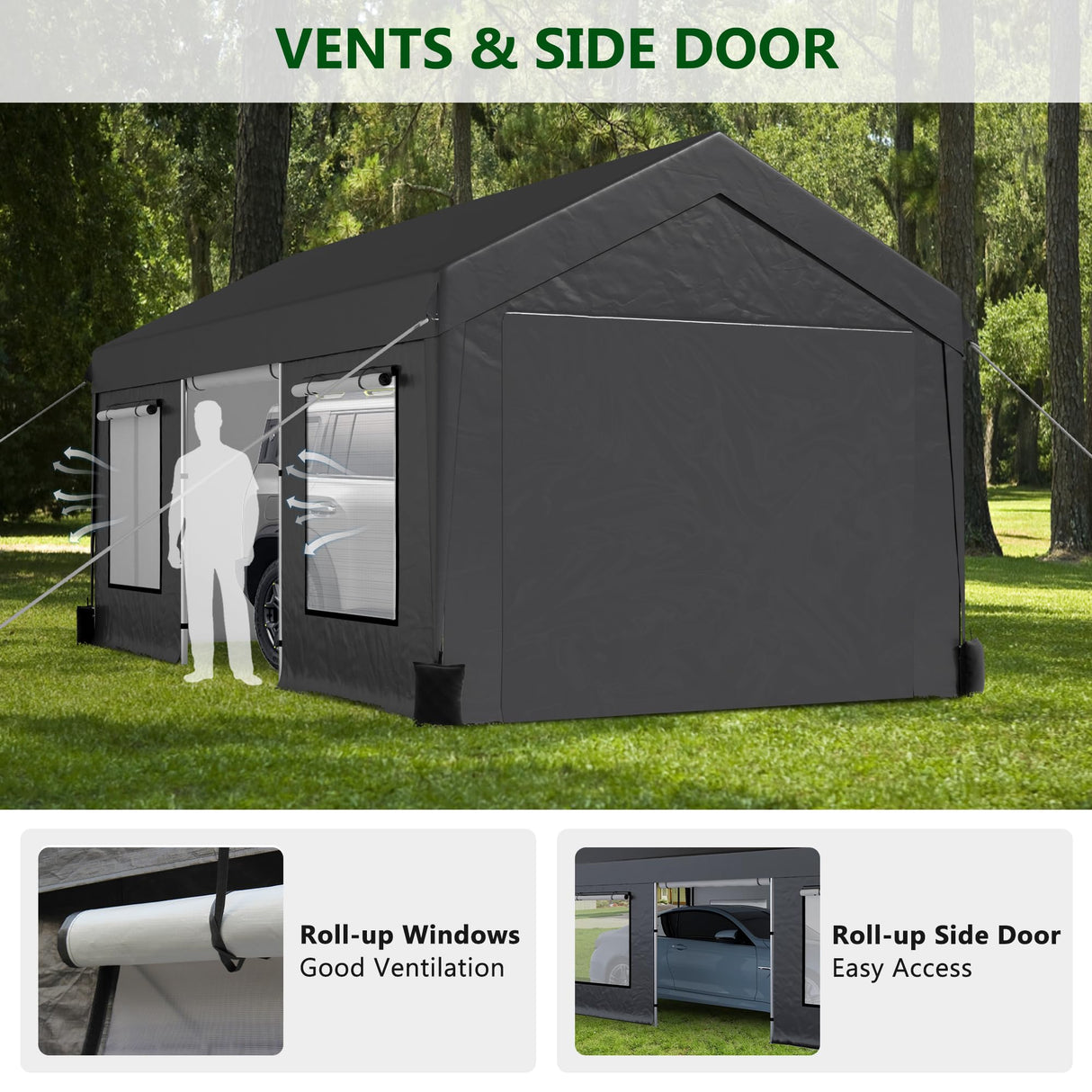 Raysfung Carport 12X20FT, Heavy Duty Car Port with Sidewalls, Carports Canopy, Portable Garage with Sandbags & All-Season Tarp, Outdoor Shelter for Car, SUV, F150, Truck, Boat (Gray) Raysfung