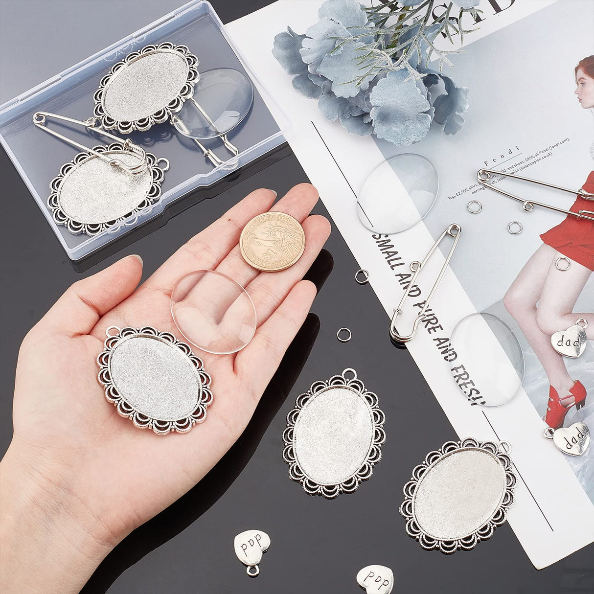 INFUNLY Photo Charm Pin, 6pcs Memorial Picture Charm for Wedding Bridal DIY Pin Brooch Making Kit Oval Lacy Photo Charm for Bridal Shower Wedding Bachelor Party Bride Groom Flowers INFUNLY