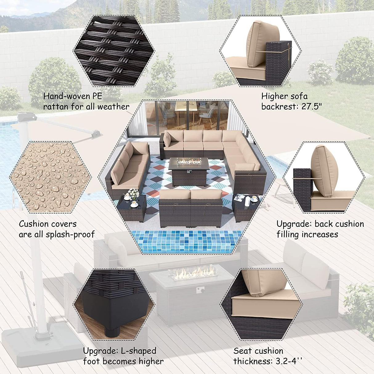 ALAULM 15 Pieces Outdoor Patio Furniture Set with Propane Fire Pit Table Outdoor Sectional Sofas Patio Furniture 43" Gas Fire Pit Brown PE Rattan Patio Conversation Set w/12 Cushions-Sand ALAULM