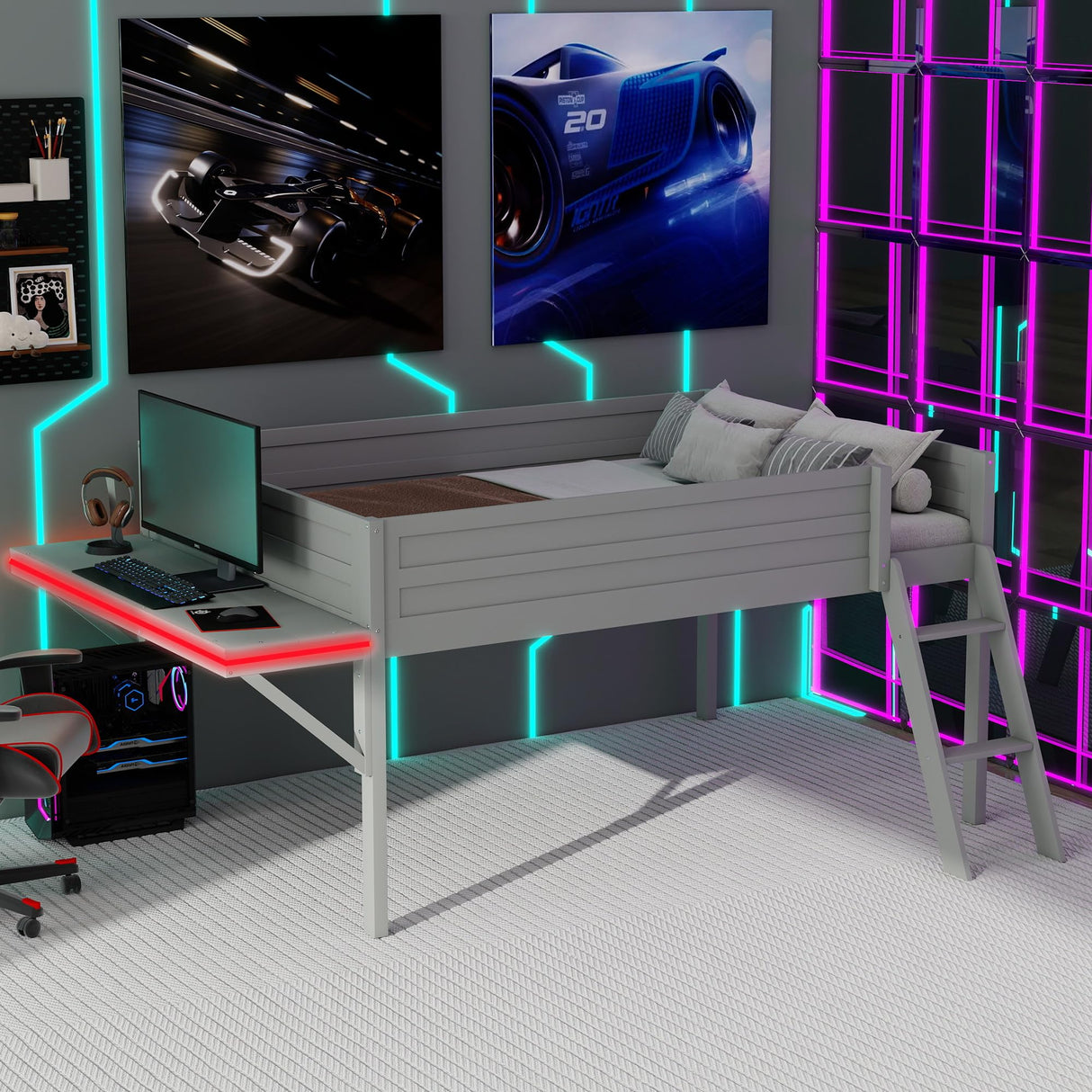 Full Size Wood Loft Bed with Desk and LED, Gaming Loft Bed Frame with Ladder, Grey MaiDeHaoo