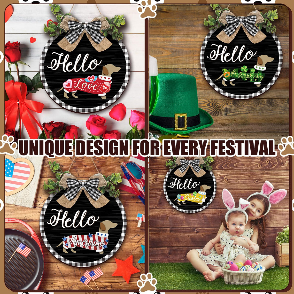 Glenmal 16 Pcs Seasonal Dachshund Door Decor for All Season and Holiday Hanging Cute Christmas Dachshund Welcome Sign Rustic Wooden Farmhouse Front Door Signs Outdoor(Black with Plaid Frame) Glenmal