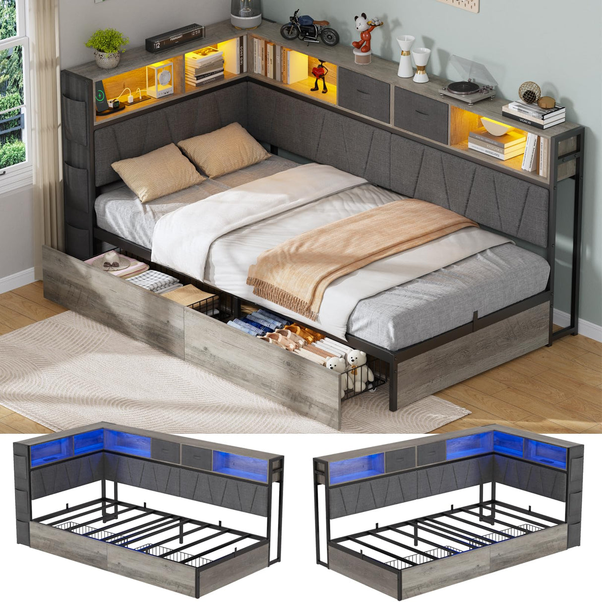 PUNICE Modern Twin XL Corner Bed Frame with Bookcase & LED Lighting - Space-Saving Kids' Platform Bed with Charging Station & 2 Underbed Storage Drawers in Gray (Gray) PUNICE