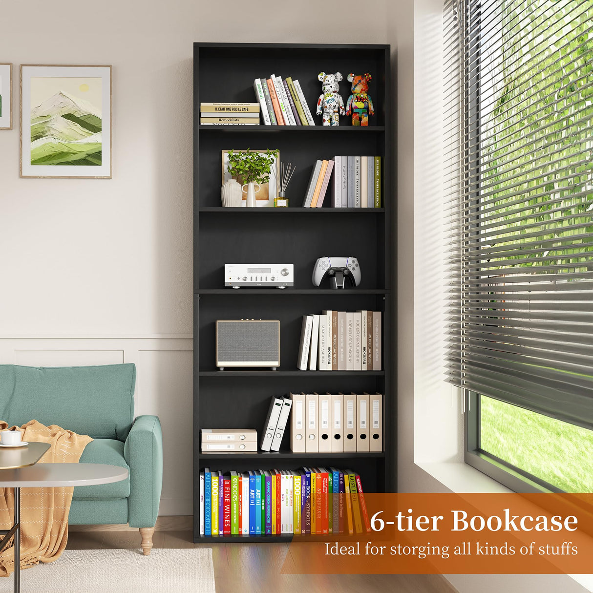 Vongrasig 6-Tier Open Bookcase and Bookshelf, Floor Standing Wood Display Storage Shelves 71 Inch Tall Bookcase Home Decor Furniture for Home Office, Living Room, Bed Room, Black Vongrasig