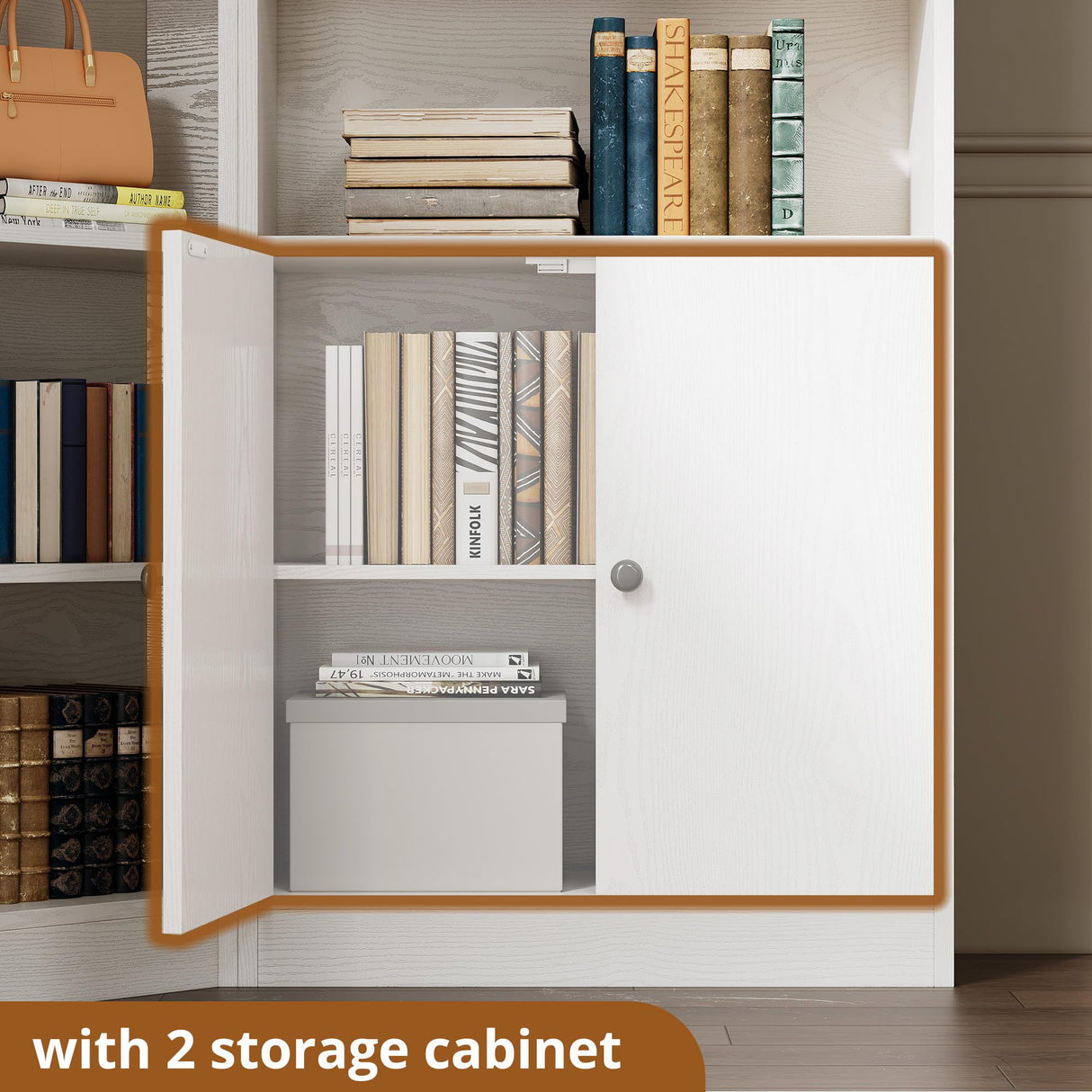 IRONCK Corner Bookshelf and Bookcase with 2 Storage Cabinets and 7 Tier Shelves, 71" Height Storage Shelves Corner Combination, White IRONCK