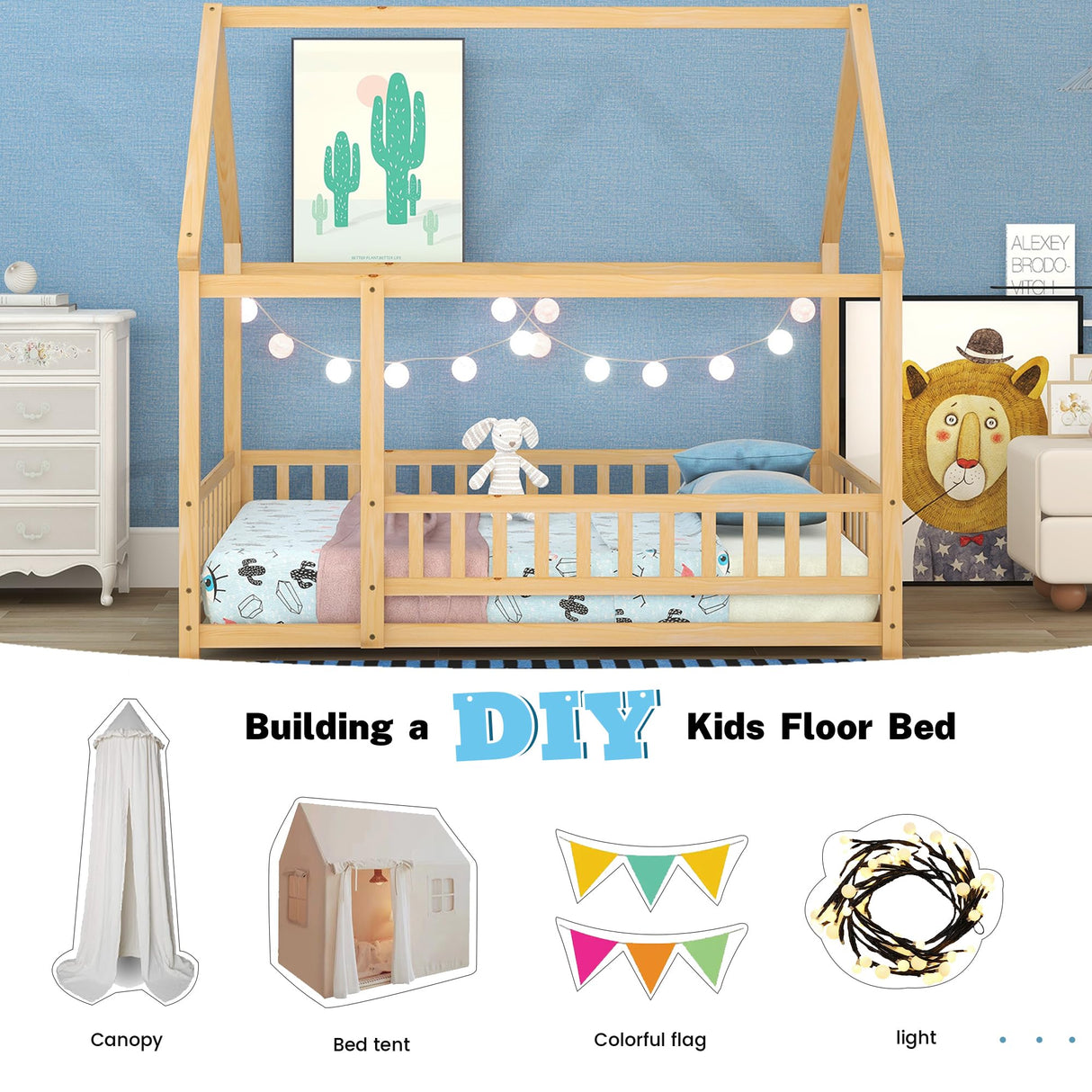 Bellemave Full Size Kids House Bed with Roof and Fence - Solid Wood Montessori Floor Bed in Natural Finish Bellemave