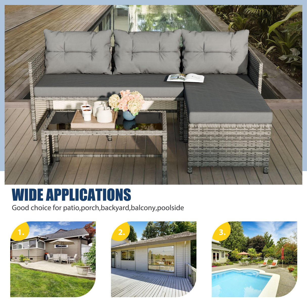 Vongrasig 3 Piece Patio Furniture Sets, All-Weather Wicker Outdoor Sofa Couch Sectional Set, Small Conversation Set for Patio, Garden w/Cushion, Glass Table, (Grey) Vongrasig