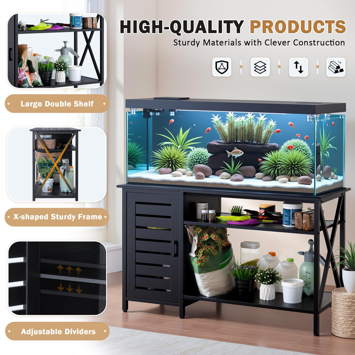 WARCAT 55-75 Gallon Aquarium Stand, Fish Tank Stand, Support up to 1200 lbs, 52" L x 19.68" W Tabletop, Built-In Power Outlet, Dual Storage Cabinets and Shelves (Black) WARCAT