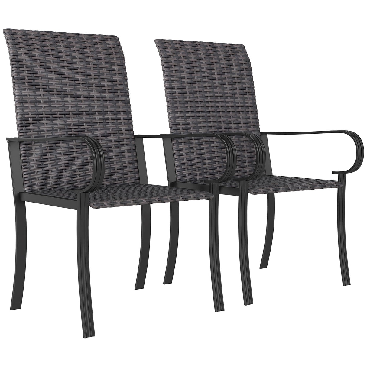 Outsunny Set of 2 Outdoor Wicker Dining Chairs, All-Weather Rattan Armchairs with Armrests, Steel Frame, High Back and Deep Seating, for Garden, Patio, Deck, Yard, Poolside, Brown Outsunny
