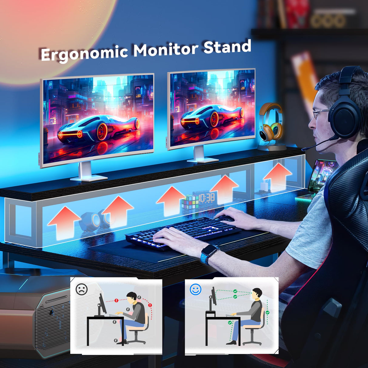 EnHomee L Shaped Gaming Desk with LED 55" Gaming Desk with Power Outlets Reversible L Shaped Desk with Long Monitor Stand & Storage Shelf,Cool Black Desk for Gaming Room,Home Office,Dorm,Black EnHomee