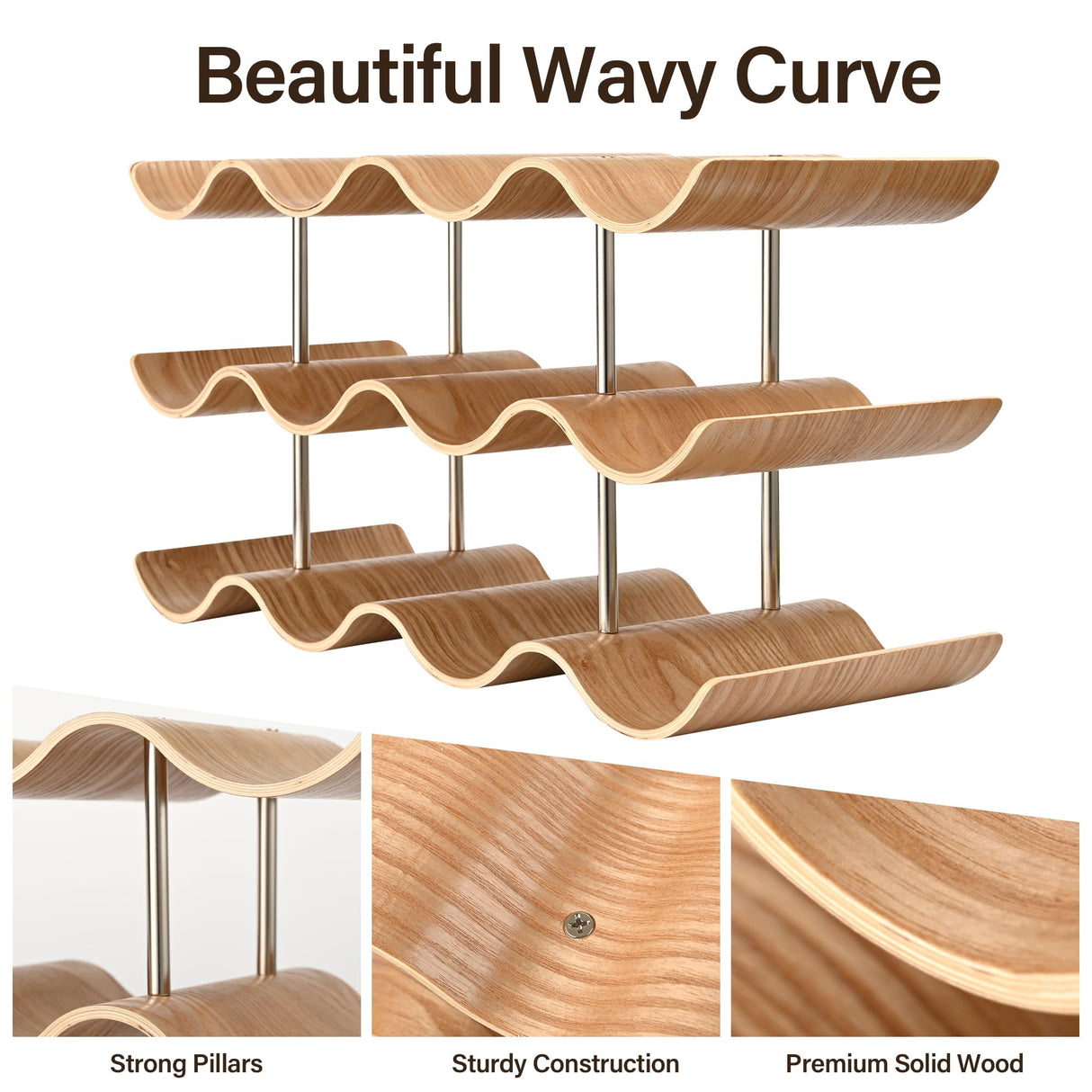 TRUDING Countertop Wine Rack - 12 Bottle Freestanding Wine Bottle Holder Stand - 3 Tier Wooden Wine Storage Rack - Wavy Wine Organizer for Cabinet TRUDING