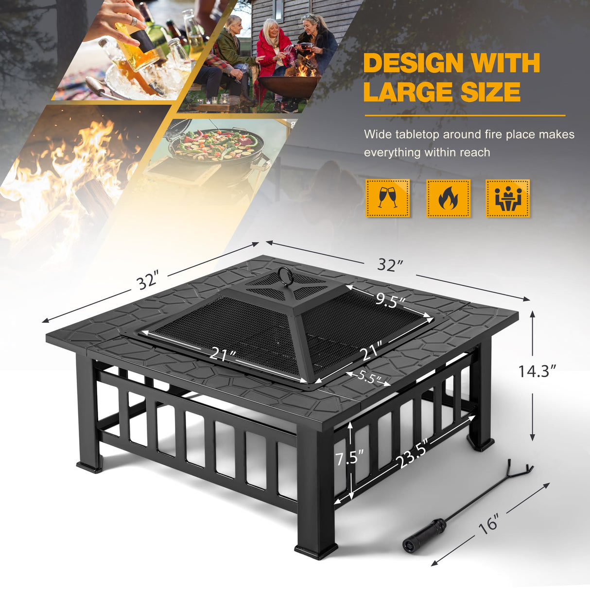 Devoko 32 inch Metal Outdoor Fire Pit Table Multiuse Square Patio BBQ Firepit with Spark Screen Lid and Waterproof Cover for Camping, Outside Wood Burning and Picnic Black Devoko