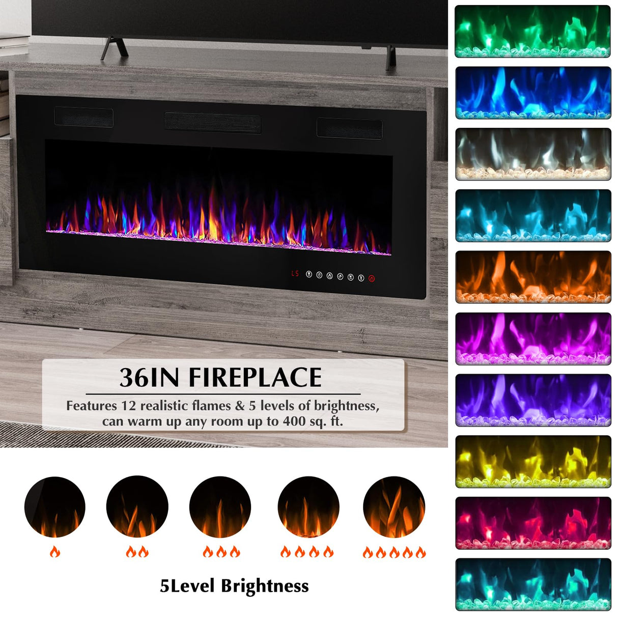 LEMBERI Fireplace tv Stand with 36 inch Fireplace Up to 80" TVs,LED Light Entertainment Center and Storage, 70" Modern Wood Media TV Console with Highlight Cabinet for Living Room (Gray) LEMBERI