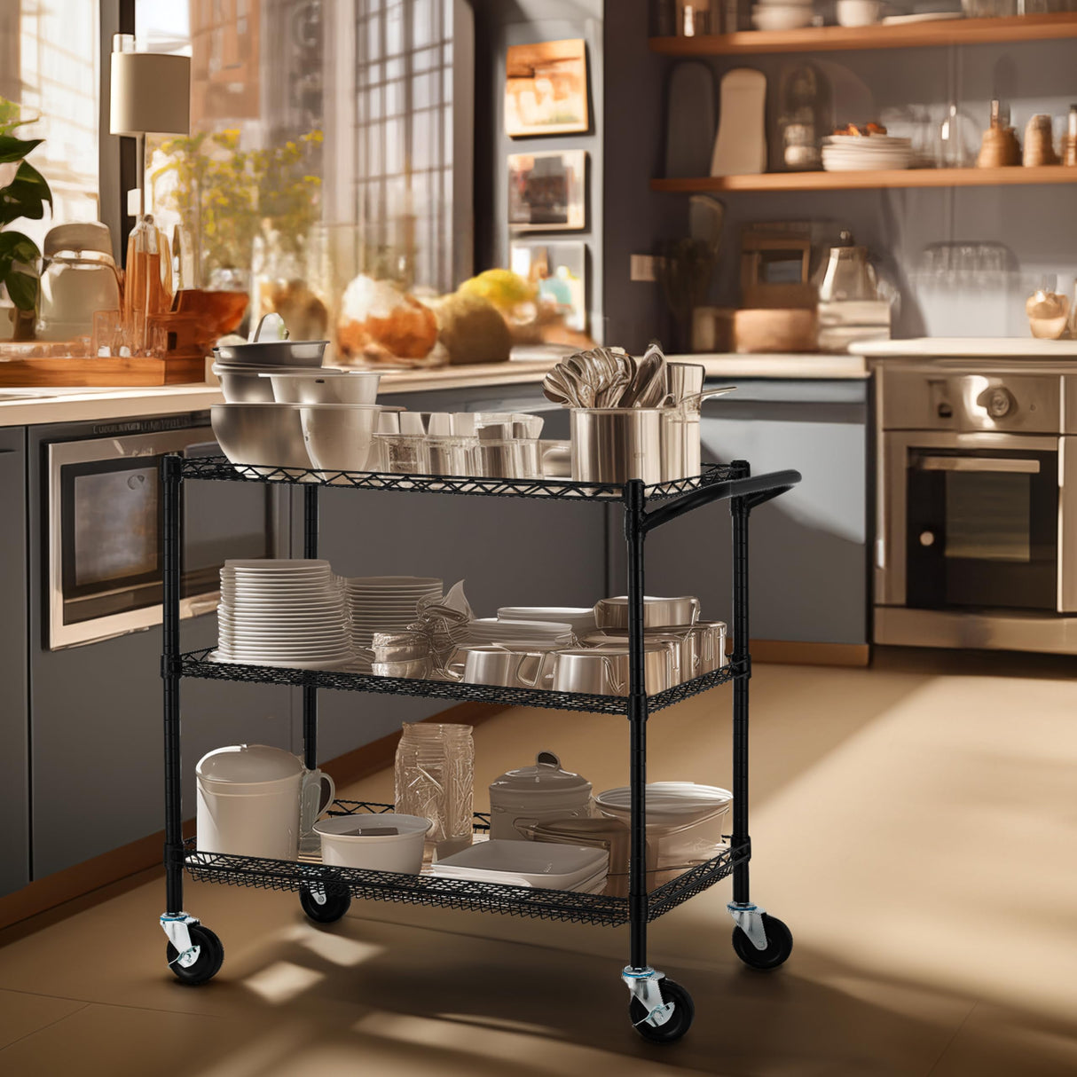 Finnhomy 3 Tier Heavy Duty Commercial Grade Utility Cart, Wire Rolling Cart with Handle Bar, Steel Service Cart with Wheels, Kitchen Carts on Wheels, Metal Cart Shelf Size 18" D x 36" W, NSF, Black Finnhomy