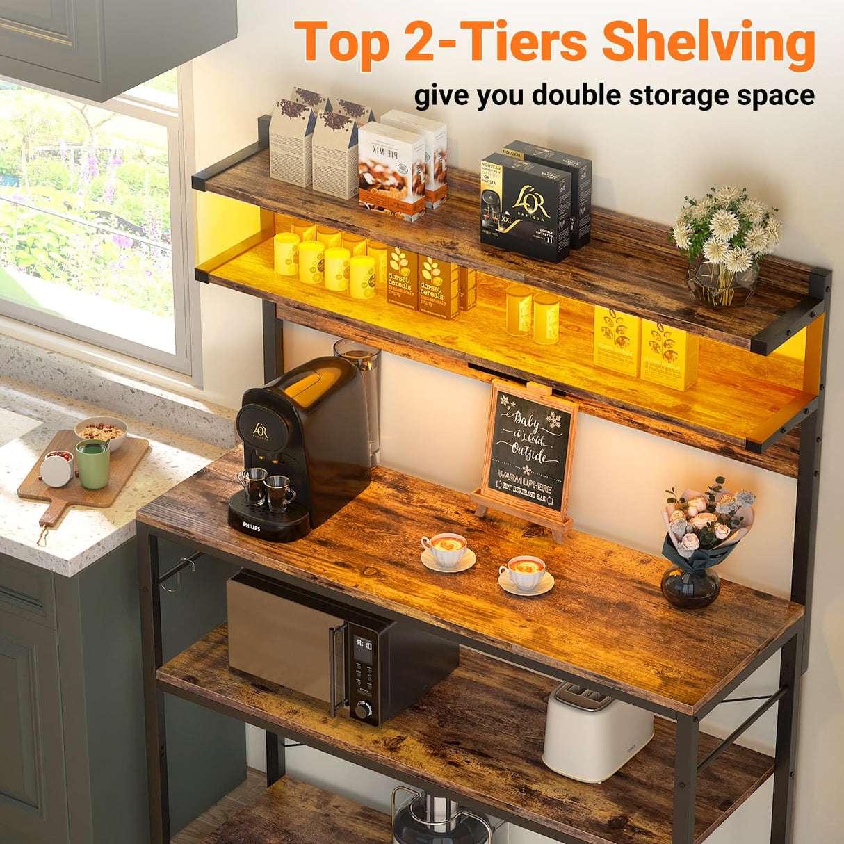 Aheaplus Bakers Rack with Power Outlet, Microwave Stand, 5 Tiers Coffee Bar Station with Led Lights, Kitchen Storage Shelf with 6 S-Shaped Hooks, Kitchen Rack Coffee Bar Stand, Rustic Brown Aheaplus