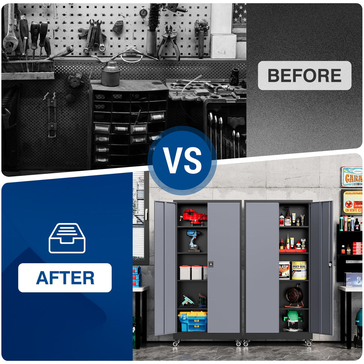 Fesbos Metal Rolling Storage Cabinet-74.6” Tall Steel File Cabinets with Wheels Lockable Doors and Adjustable Shelves-Black & Gray Steel Storage Cabinet for Home, School, Office, Garage Fesbos