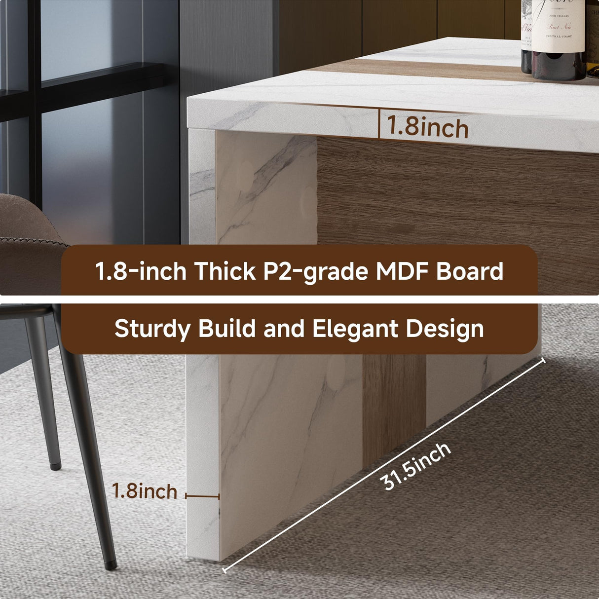 63" Large Island Table for Kitchen with Charging Station,Faux Marble Wooden Dining Table for 4-6 People,Modern Luxury Kitchen Island with Multi-Color LED Mood Lighting & Stylish Grill Design TRONLEE