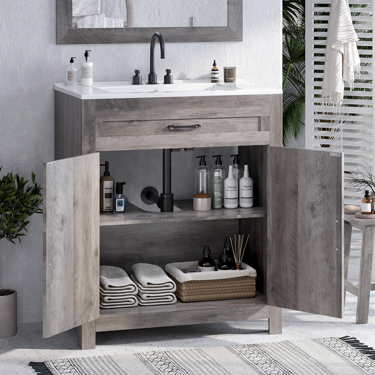 VINGLI Farmhouse Bathroom Vanity with Ceramic Sink, Bathroom Vanity Cabinet w/Barn Door&Faux Drawer, 30 Inch Bathroom Sink Cabinet Combo, Rustic Floor Storage Cupboard,Grey Wash VINGLI