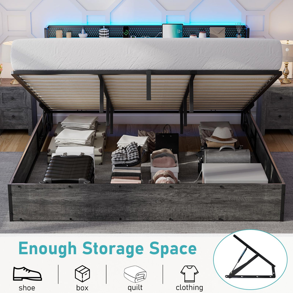 LUXOAK King Size Lift Up Storage Bed Frame with LED Lights, Linen Upholstered Headboard with Charging Station, Wooden LED Light Platform Bed Frame, No Spring Box Needed, Rustic Grey LUXOAK