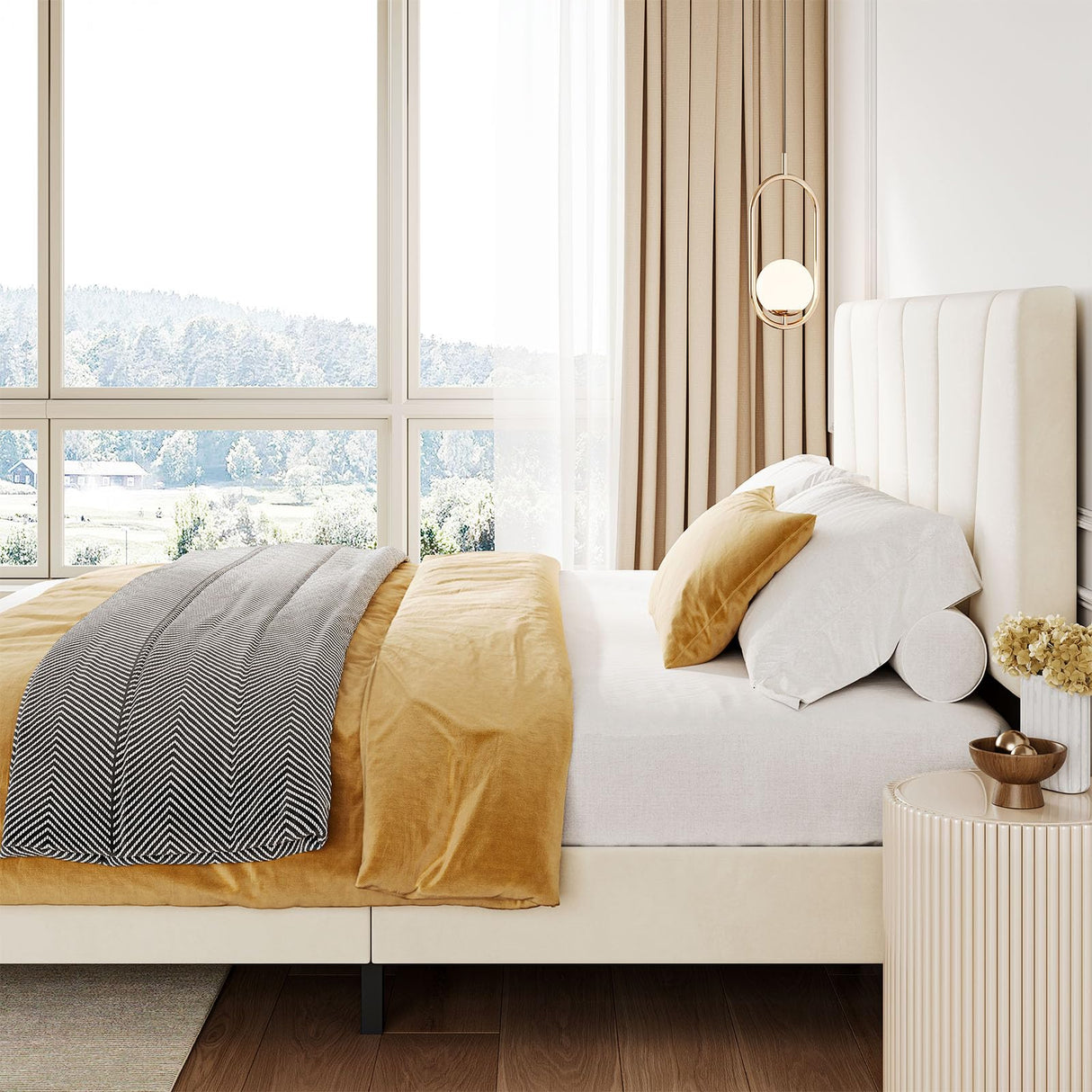 GarveeHome King Size Bed Frame with Adjustable Headboard, Velvet Upholstered Tufted King Platform Bedframe with Strong Wooden Slats, Mattress Foundation, No Box Spring Needed,Easy Assembly,Beige/Cream GarveeHome